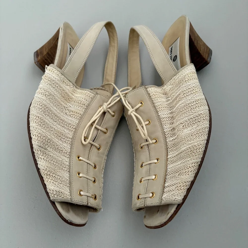 Saks Fifth Avenue Slingback Heels Lace Up Peep Toe Leather Woven Beige -Size 8.5